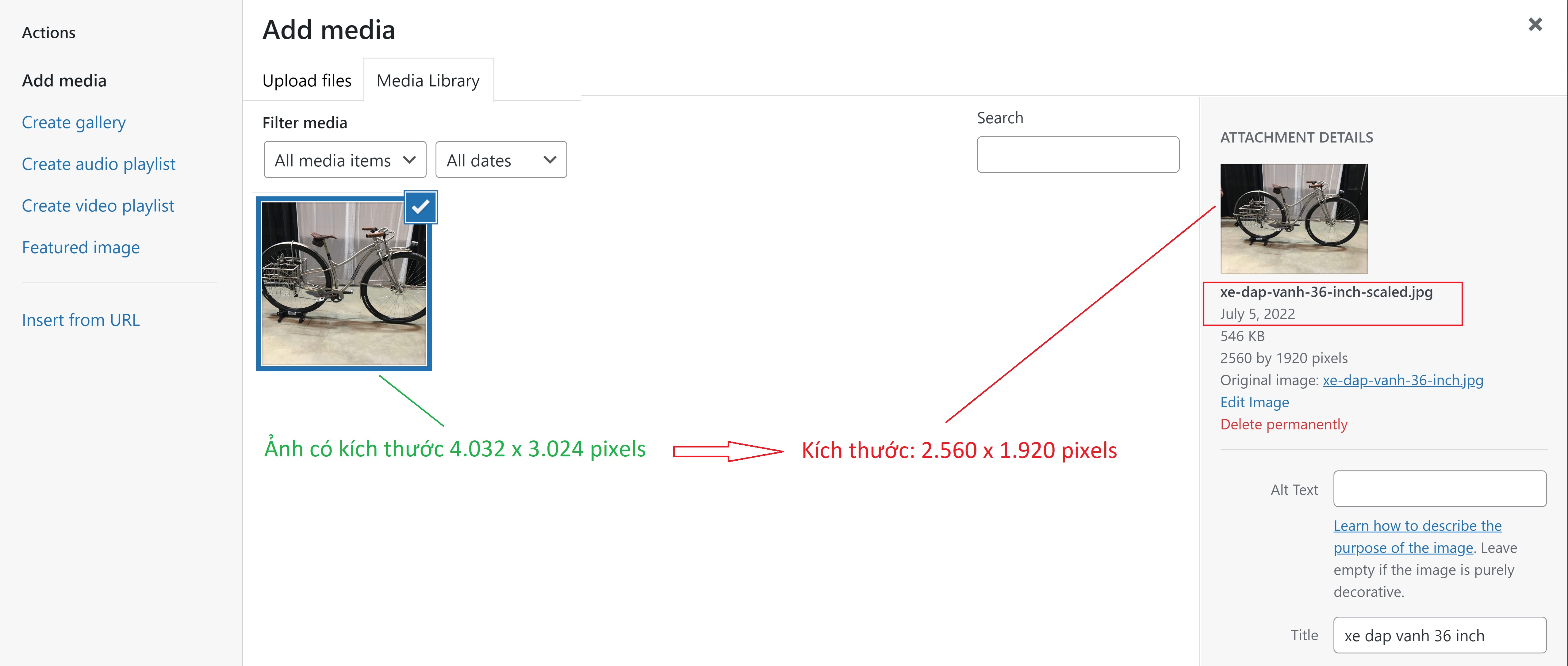 Ảnh kích thước lớn, trước và sau khi upload lên website WordPress