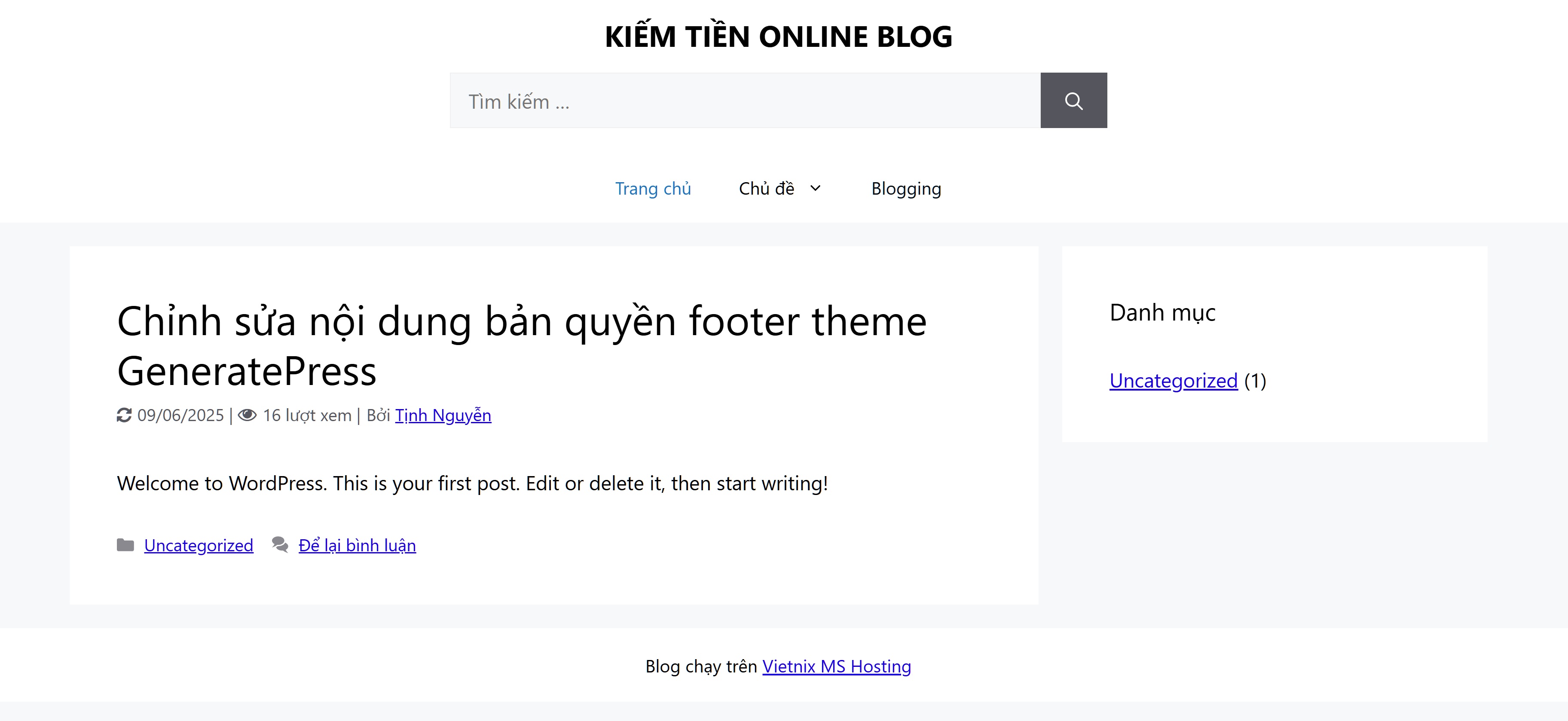 Chỉnh sửa nội dung bản quyền footer theme GeneratePress