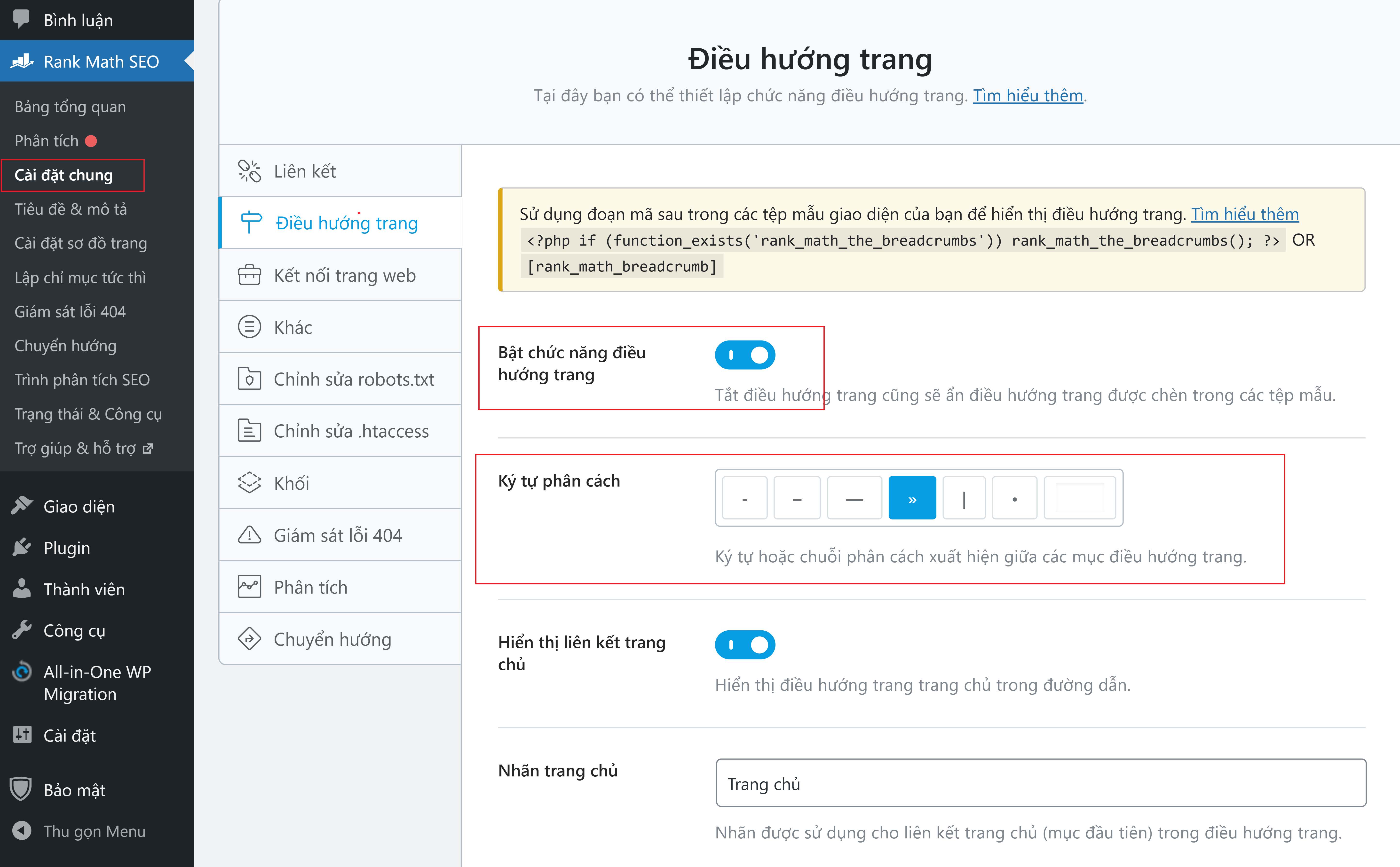 Thiết lập trong Rank Math SEO trước khi thực hiện chèn code